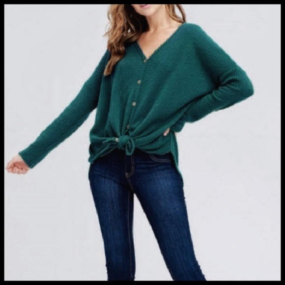 Last One! Tie Front Waffle Knit Top, Green, NIP - Picture 2 of 8